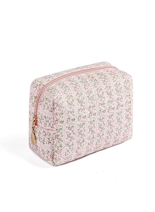 WHHJM Cute Floral Makeup Bag Small Cotton Quilted Cosmetic Bag, Aesthetic Essential Bag Emergency Bag Gift for Women Girls Travel Accessories (Pink Floral) - Image 1