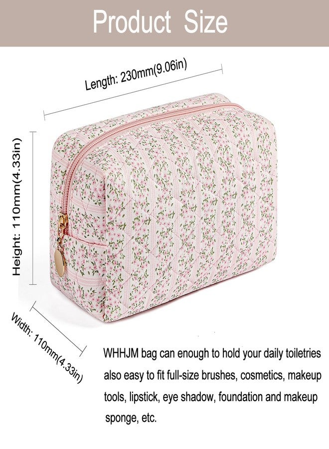 WHHJM Cute Floral Makeup Bag Small Cotton Quilted Cosmetic Bag, Aesthetic Essential Bag Emergency Bag Gift for Women Girls Travel Accessories (Pink Floral) - Image 3