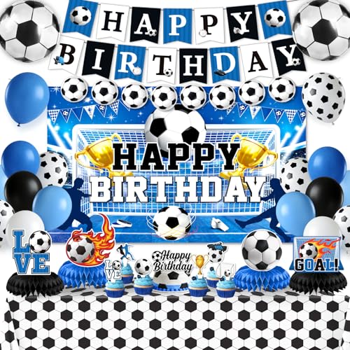 REDWORD Soccer Birthday Party Decorations 44Pcs Soccer Party Decorations with Happy Birthday Backdrop Tablecloth Foil Latex Balloons and Cake Toppers Honeycomb Centerpieces for Boys Sports Party Supplies - Image 1