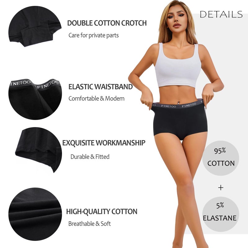 FINETOO Womens Cotton Boy Shorts Underwear Full Coverage Soft Boxer Briefs High Waisted Panties for Lady Girls 6 Pack(S) Black - Image 4