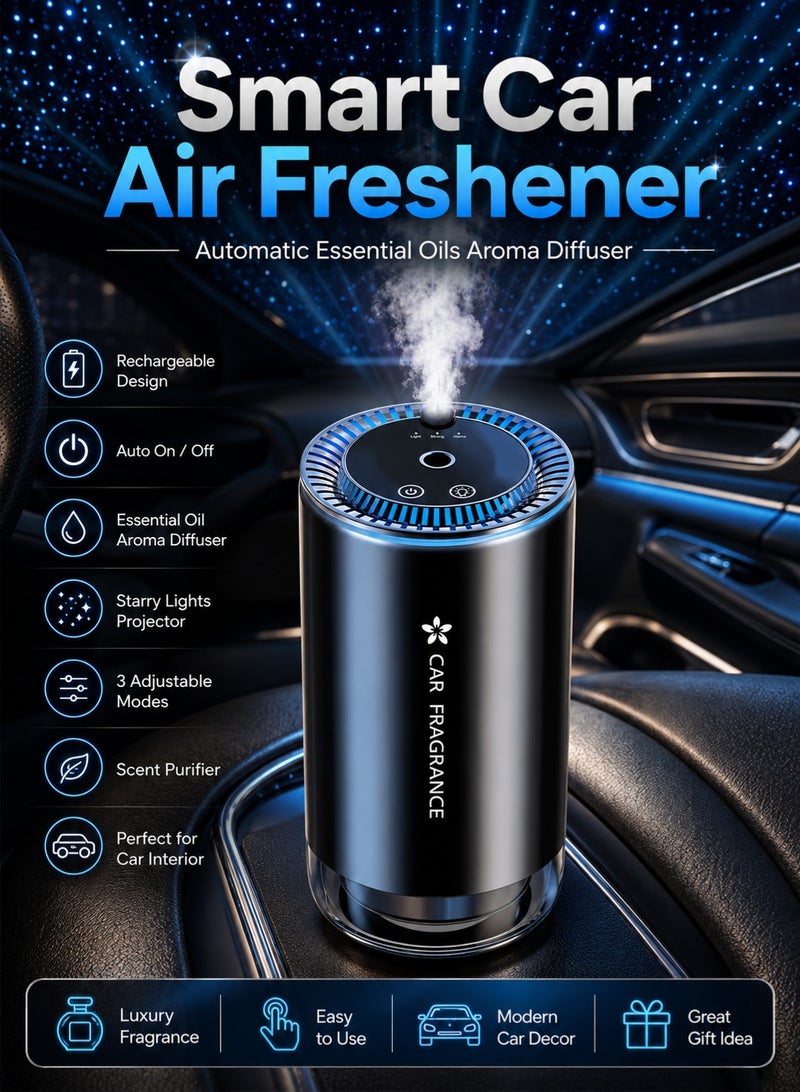 BGM Smart Car Air Freshener - Automatic Essential Oils Aroma Diffuser - Rechargeable Auto On/Off Fragrance Fresheners with Starry Lights Projector - 3 Adjustable Mode Scent Purifier - Image 1