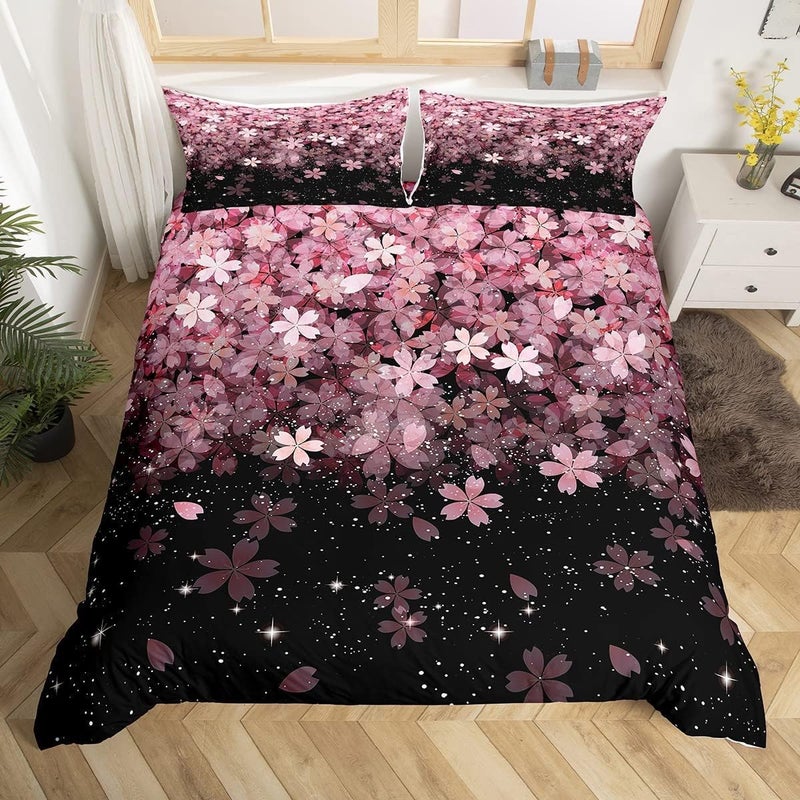 Cherry Blossom Duvet Cover Set Pink Flower Bedding Set 2pcs for Girls Adults Petal Floral Print Comforter Cover Japanese Style Bedspread Cover with 1 Pillowcase (No Comforter) Twin Size - Image 1