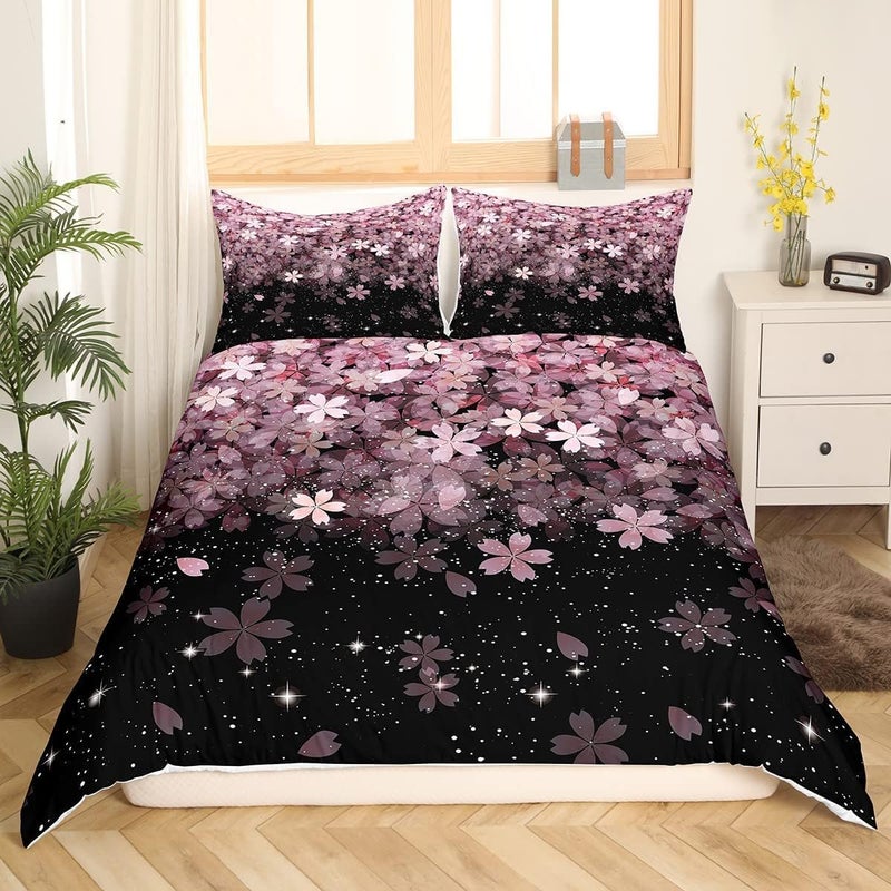 Cherry Blossom Duvet Cover Set Pink Flower Bedding Set 2pcs for Girls Adults Petal Floral Print Comforter Cover Japanese Style Bedspread Cover with 1 Pillowcase (No Comforter) Twin Size - Image 3