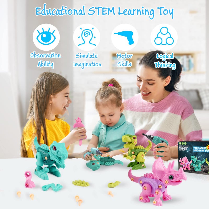 FREE TO FLY Dinosaur Toys for 3 4 5 6 Years Old Girls Take Apart Dinosaur Learning Toys for Kids 35 57 STEM Building Construction Set with Electric Drill Birthday Ideas - Image 3