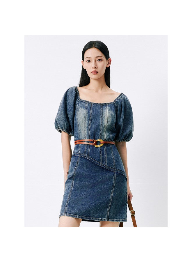 Waxbird Designer Denim Dress Summer Square Neck Washed Short Skirt Niche High-end Skirt - Image 2