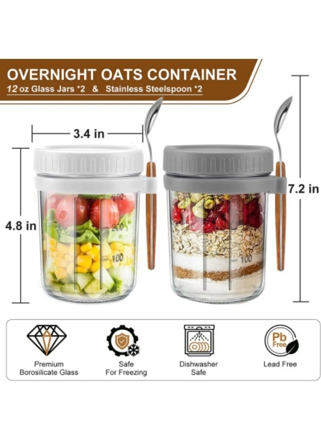 GGEROU - 2Pcs Overnight Oats Jars with Lid and Spoon Airtight Oatmeal Container with Measurement Marks 350ml - Image 1