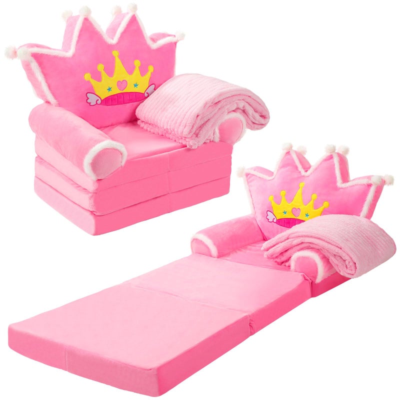 Burbell Gifts for Kids Couch 2 in 1 Toddler Couch Fold Out with Flannel Blanket Set Soft Princess Kids Chair for 13 Toddler Comfy Convertible Sofa to Lounger Bed for Reading Sleeping DecorPink