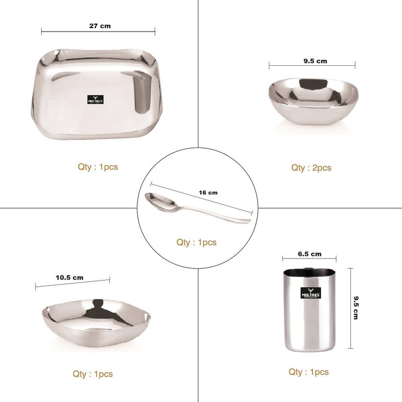 MOLTRES MOLTRES - Premium Square Dinner Set of 6-18 Gauge, Easy to Clean, Rust Free, Dishwasher Safe - Includes 1 Thali, 1 Sweet Dish, 2 Bowls, 1 Spoon & 1 Glass (Square Steel Set of 6) - Image 2