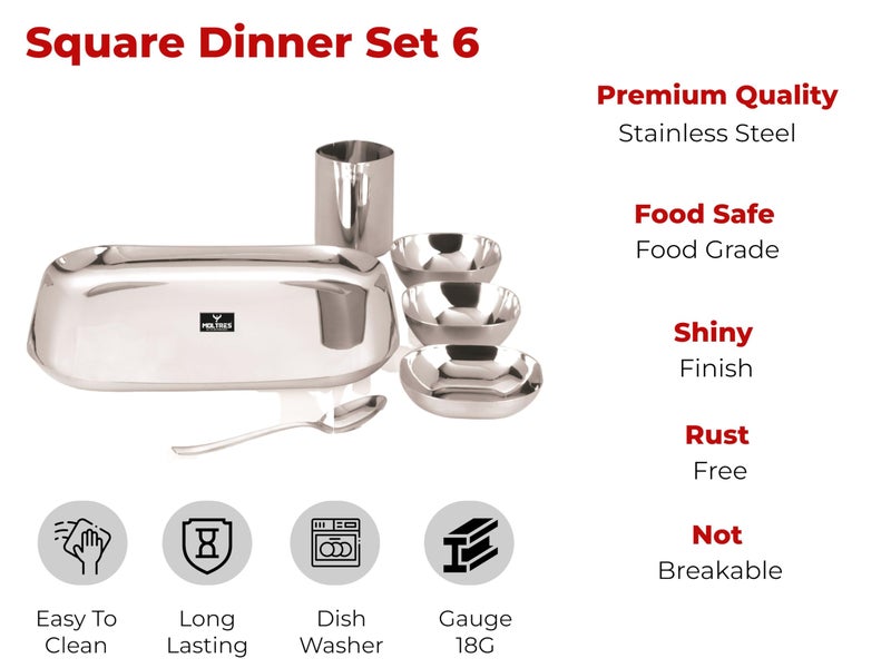MOLTRES MOLTRES - Premium Square Dinner Set of 6-18 Gauge, Easy to Clean, Rust Free, Dishwasher Safe - Includes 1 Thali, 1 Sweet Dish, 2 Bowls, 1 Spoon & 1 Glass (Square Steel Set of 6) - Image 3