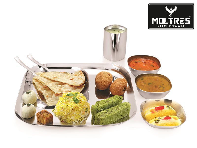 MOLTRES MOLTRES - Premium Square Dinner Set of 6-18 Gauge, Easy to Clean, Rust Free, Dishwasher Safe - Includes 1 Thali, 1 Sweet Dish, 2 Bowls, 1 Spoon & 1 Glass (Square Steel Set of 6) - Image 5