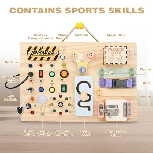 Joyreal Wooden Busy Board Montessori Toys for Toddlers Sensory Activity Board with LED Lights Music Box Locks Educational Learning Toy Gifts for Boys and Girls - Image 5