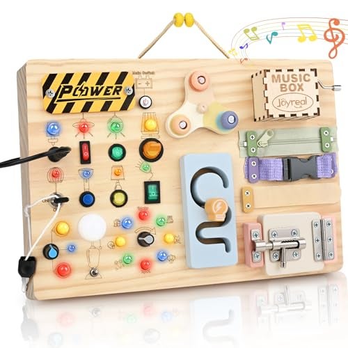 Joyreal Wooden Busy Board Montessori Toys for Toddlers Sensory Activity Board with LED Lights Music Box Locks Educational Learning Toy Gifts for Boys and Girls - Image 1