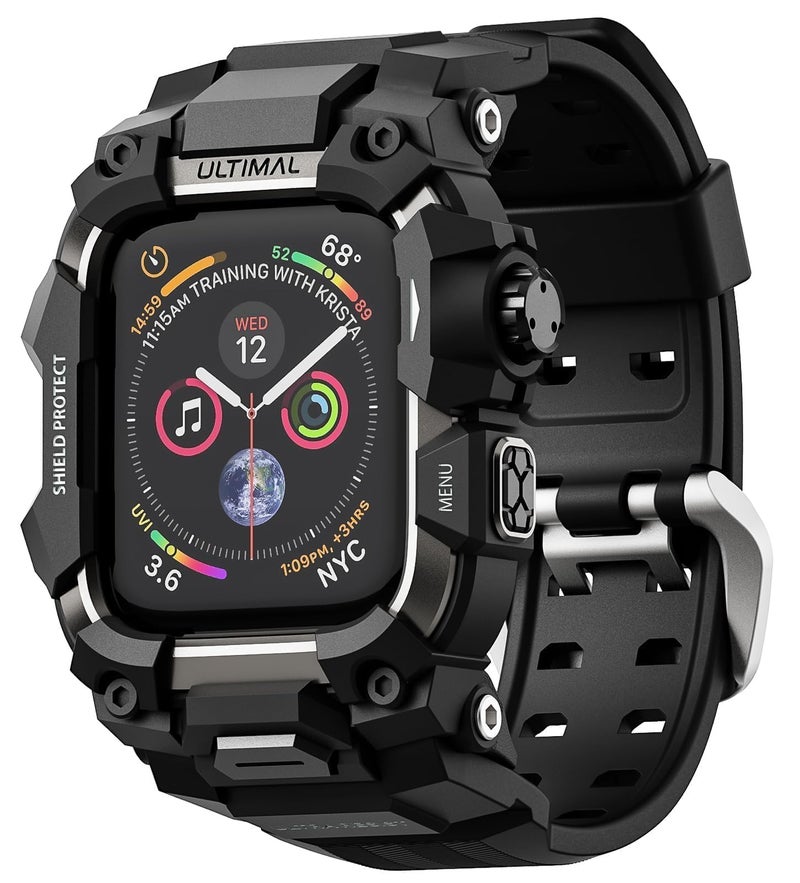 ULTIMAL Rugged Case with Band for Apple Watch 44mm,Compatible with Apple Watch Series SE 3/SE 2/SE Generation/6/5/4, Military Grade Shockproof Bumper Cover for iWatch Tactical Band Men (Black, 44mm) - Image 1
