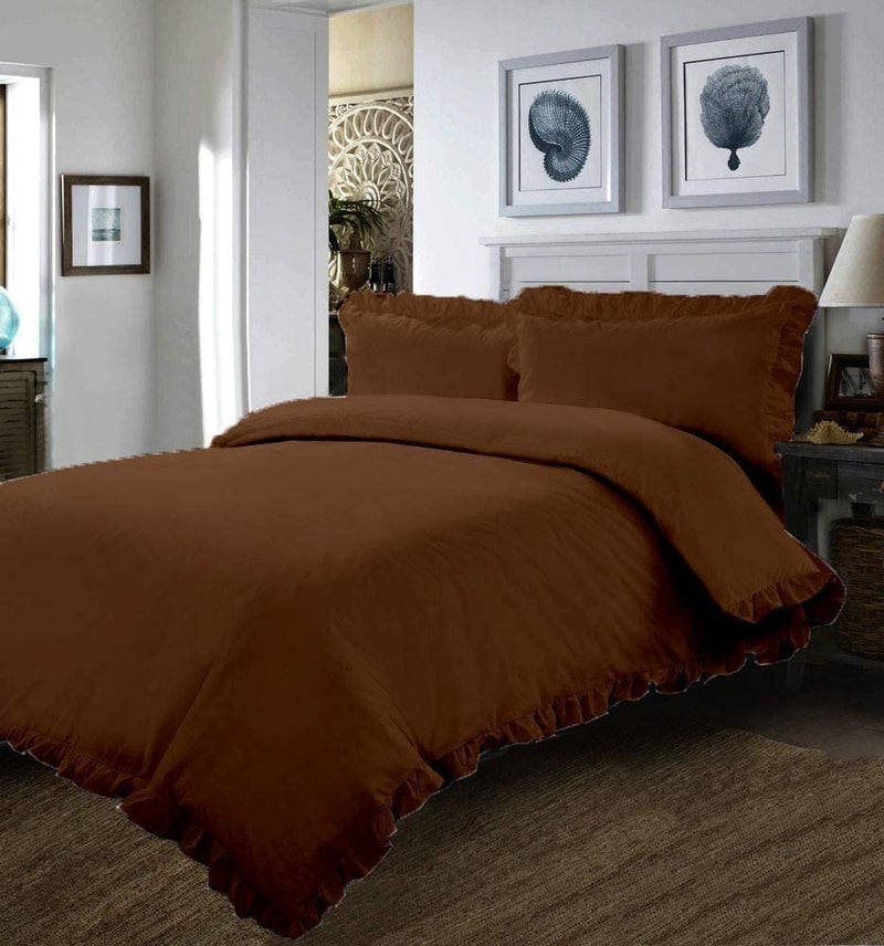 EASY BEDDING 3 PCS Border Ruffle Duvet Cover Set 1 Piece Border Ruffle Duvet Cover with Zipper Closure and 2 Piece Pillow Cover 300 TC100 Cotton Wrinkle Free Chocolate Solid King Size - Image 2