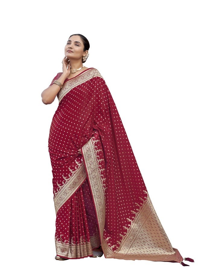 MANOHARI Women's Most Trendy Banarasi Satin Silk Woven Red Saree With Heavy Jacquard Work Saree With Blouse Piece_MN2023 - Image 1