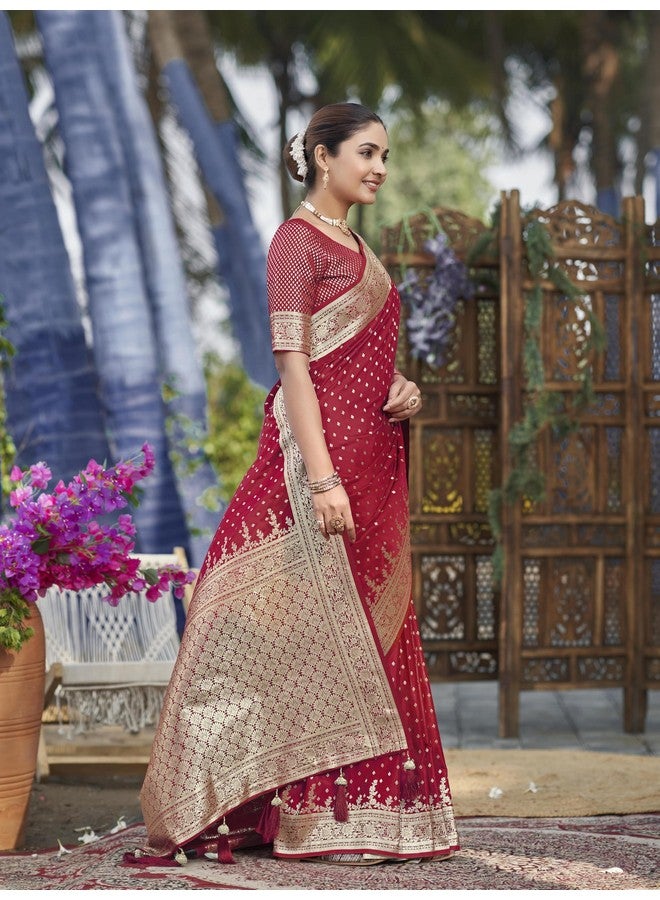 MANOHARI Women's Most Trendy Banarasi Satin Silk Woven Red Saree With Heavy Jacquard Work Saree With Blouse Piece_MN2023 - Image 5