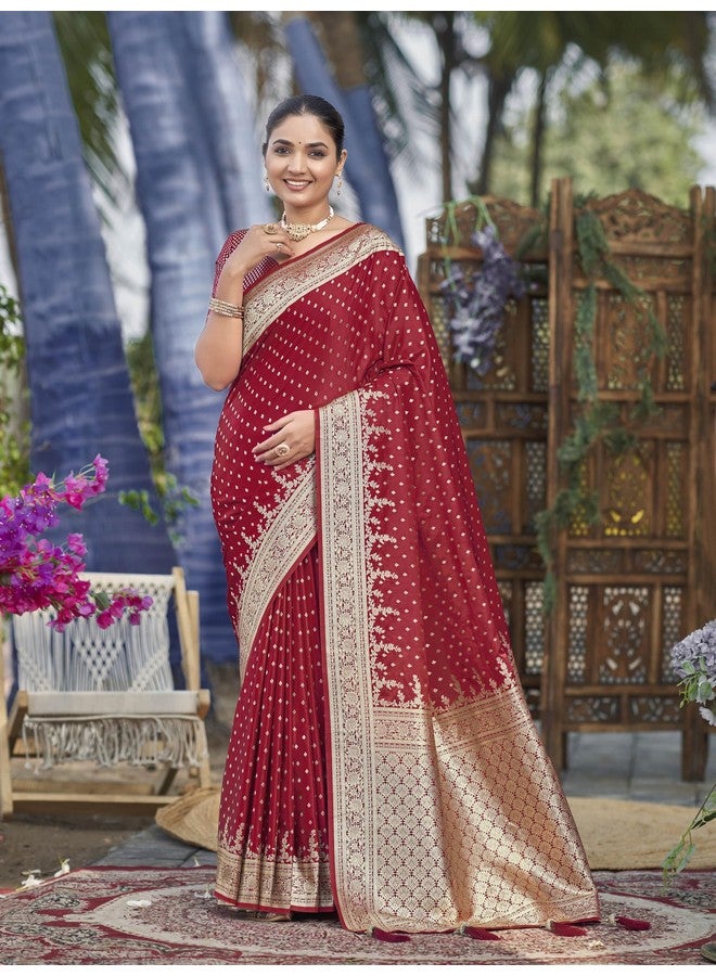 MANOHARI Women's Most Trendy Banarasi Satin Silk Woven Red Saree With Heavy Jacquard Work Saree With Blouse Piece_MN2023 - Image 2