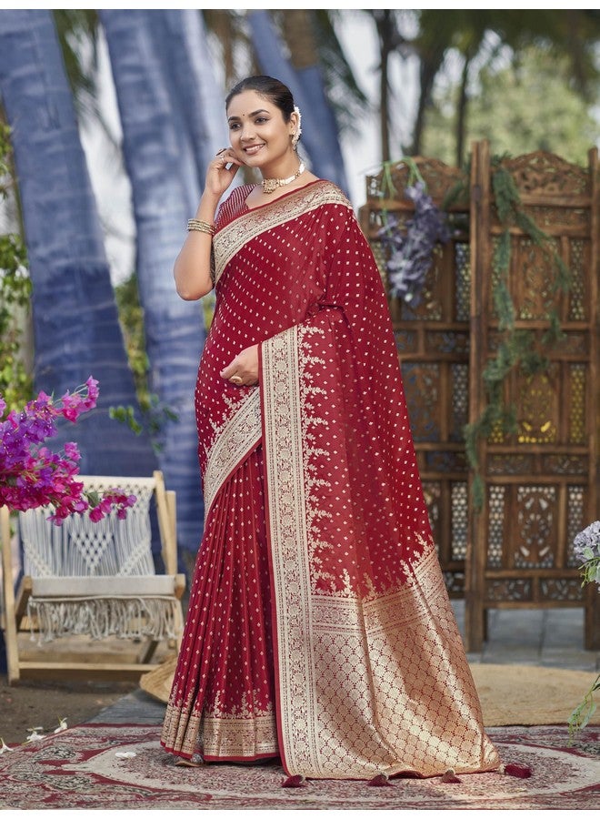 MANOHARI Women's Most Trendy Banarasi Satin Silk Woven Red Saree With Heavy Jacquard Work Saree With Blouse Piece_MN2023 - Image 3