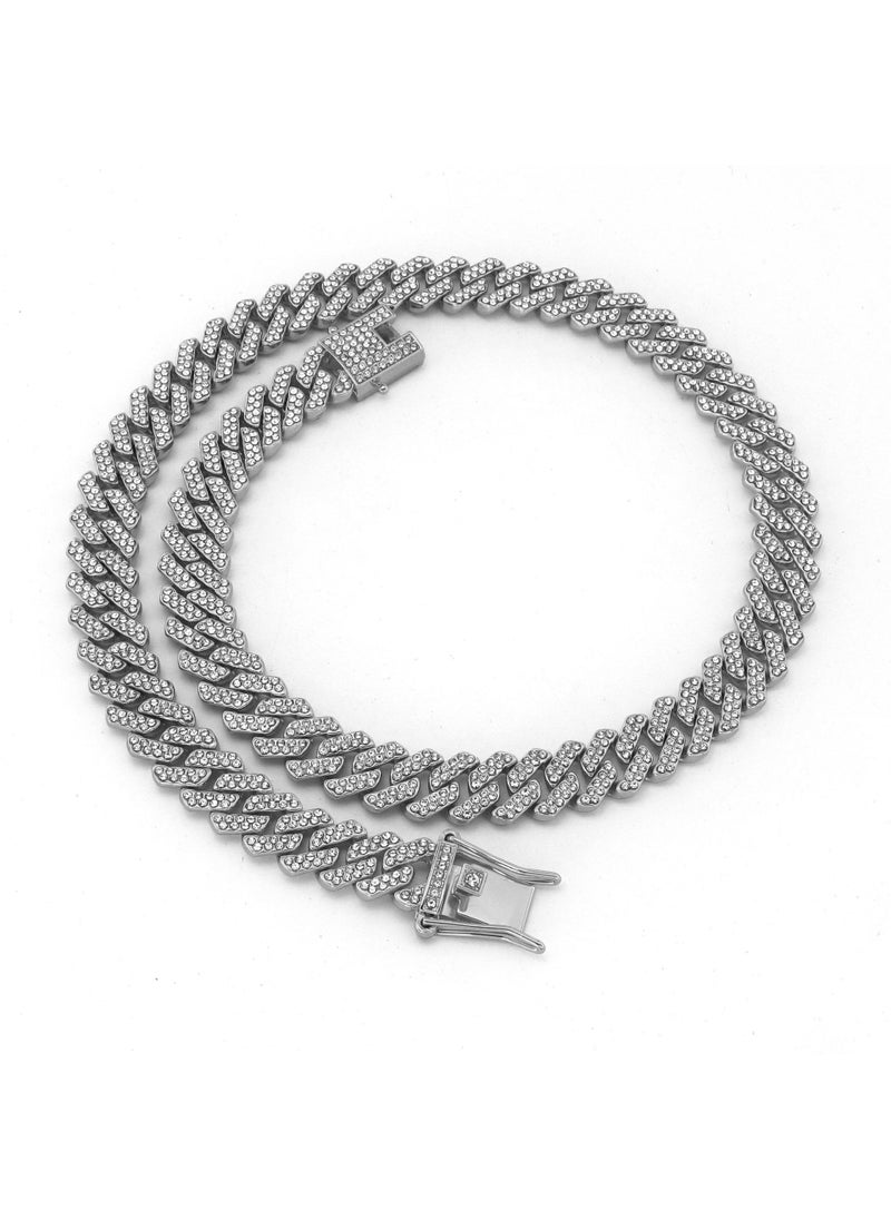 Generic Alloy Rhinestone 14mm Diamond Cuban Chain Necklace Chocker Silver 45CM(18inch) 