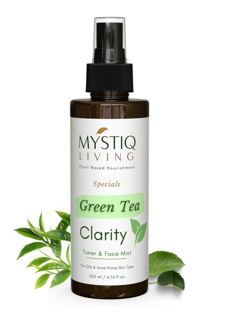 Mystiq Living Green Tea Clarity Face Toner Mist for Anti Acne Deep Cleanses Tighten Pores Hydrates Skin Alcohol Free Toner For Oily Acne Prone Skin 200 ML - Image 1