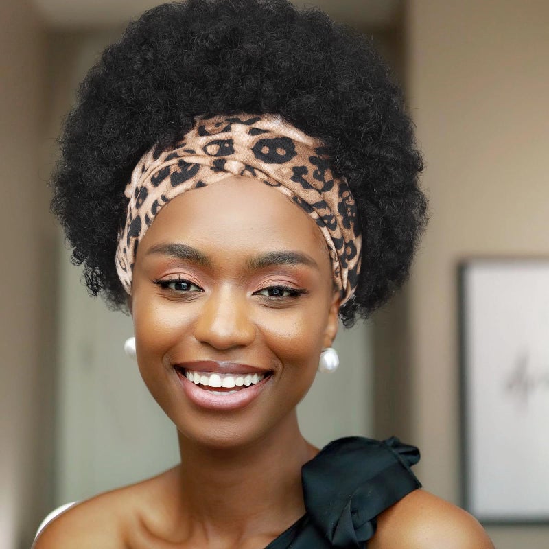 WIGER Short Afro Curly Wig Afro Puff Headband Wig Brazilian Virgin Human Hair Wigs Afro Kinky Curly Wigs for Black Women Black