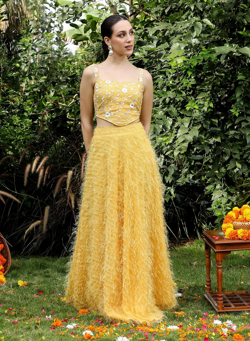  قصة Women's Embroidered-Flora Textured Co-Ord Set For Ethnic Wear | Square Neck, Sleeveless | Floral Embroidery Woven Fabric | 2 Piece Co-Ords Designed For Evening & Party Wear | Lemon Yellow