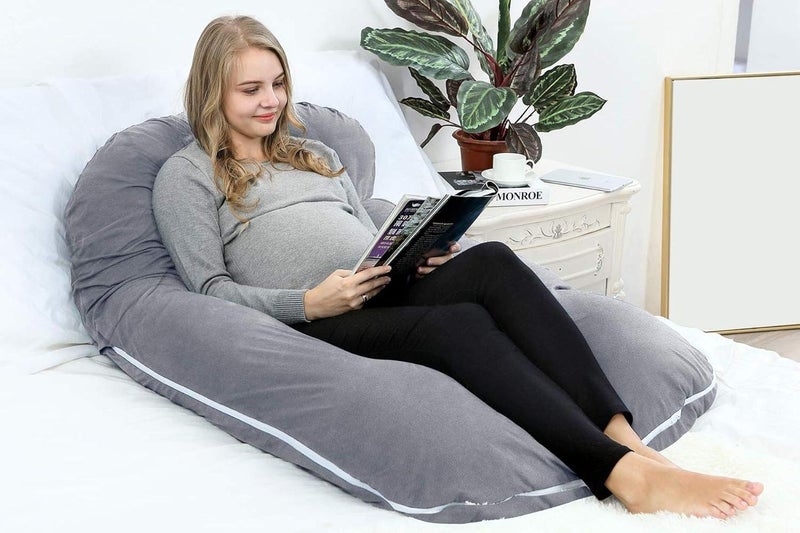 Linenovation U Shaped Maternity Pillow Extra Curve with Cotton Zippered Cover XLarge Grey Set of 1 - Image 2
