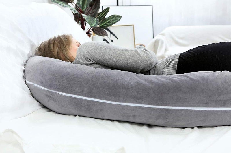 Linenovation U Shaped Maternity Pillow Extra Curve with Cotton Zippered Cover XLarge Grey Set of 1 - Image 5