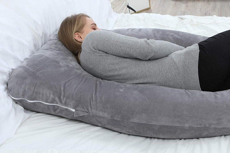 Linenovation U Shaped Maternity Pillow Extra Curve with Cotton Zippered Cover XLarge Grey Set of 1 - Image 4