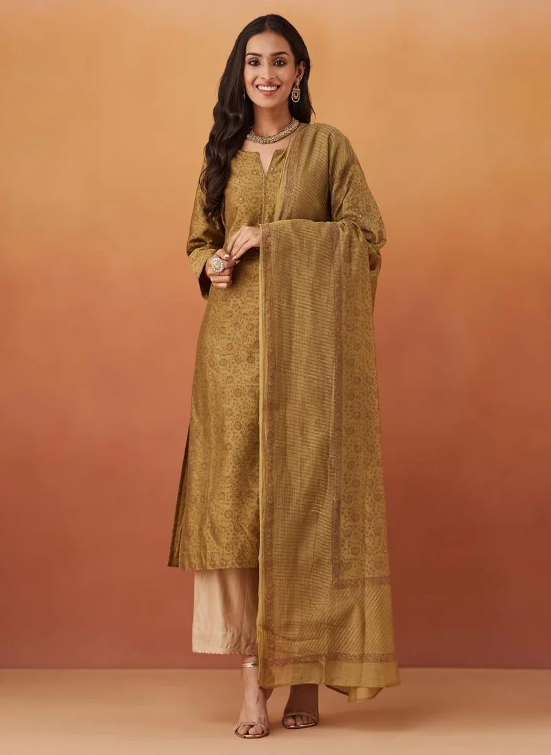Fabindia Green Cotton Silk Hand Block Printed Dupatta & Kurta
