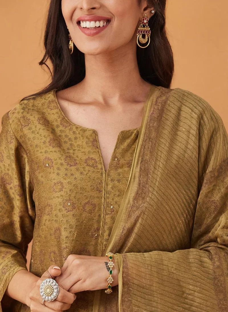 Fabindia Green Cotton Silk Hand Block Printed Dupatta & Kurta