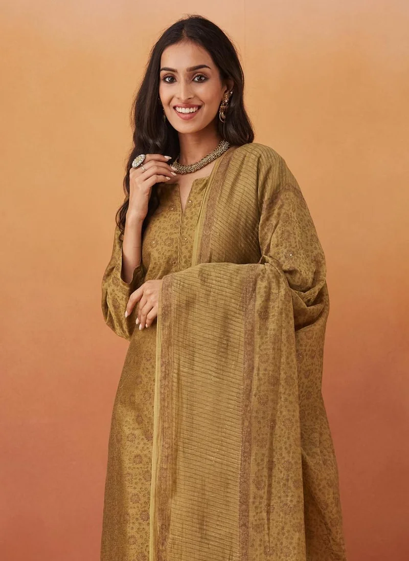Fabindia Green Cotton Silk Hand Block Printed Dupatta & Kurta
