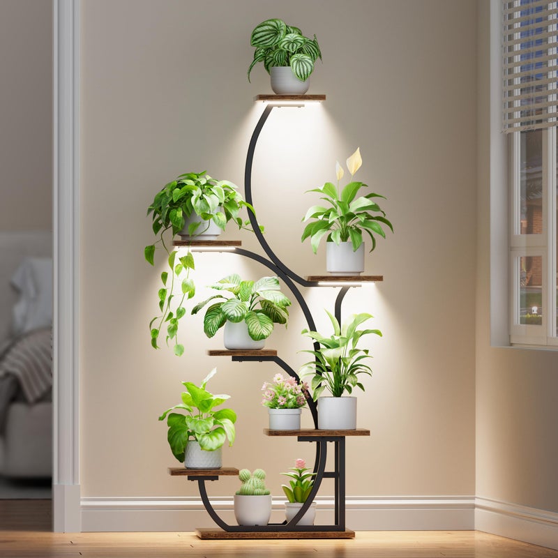 BACEKOLL Plant Stand Indoor with Grow Lights - Lighted Indoor Plant Shelf, 57" 7 Tier Corner Plant Stands for Indoor Growing, Tall Flower Display Shelf, Metal S-Shaped Holder for Living Room, Bedroom, Black - Image 1