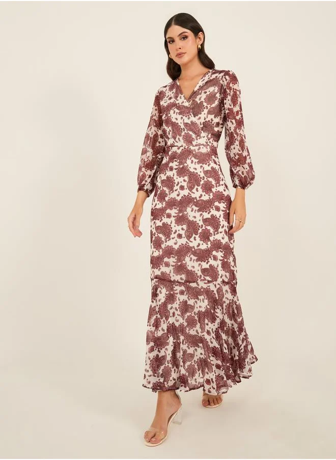 Styli All Over Print Balloon Sleeves A-Line Maxi Dress