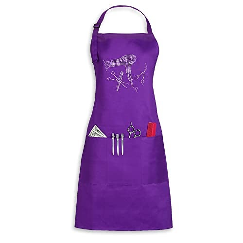 Plum Hill Hair Stylist Apron with Rhinestone Tools for Hairdresser, Cosmetologist or at Home Hair Cutting, 3 Pockets Adjustable Neck, Purple - Image 3