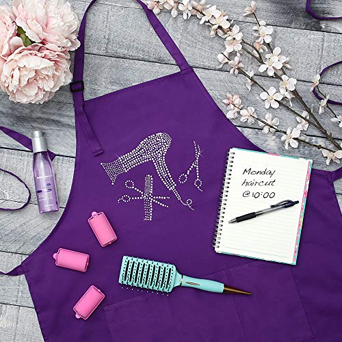 Plum Hill Hair Stylist Apron with Rhinestone Tools for Hairdresser, Cosmetologist or at Home Hair Cutting, 3 Pockets Adjustable Neck, Purple - Image 4