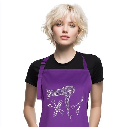 Plum Hill Hair Stylist Apron with Rhinestone Tools for Hairdresser, Cosmetologist or at Home Hair Cutting, 3 Pockets Adjustable Neck, Purple - Image 2