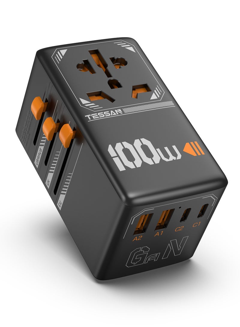 تيسان محول سفر عالمي، شاحن سريع بمقبس دولي من GaN بقوة 100 وات مع منفذي شحن USB C و2 منفذ شحن USB A، منفذ طاقة عالمي من الولايات المتحدة إلى أوروبا والاتحاد الأوروبي والمملكة المتحدة وأستراليا وأيرلندا (النوع C/G/A/I) شاحن حائط محول طاقة دولي من TESSAN 5 في 1 متعدد الاستخدامات للسفر والمنزل والمكتب، أسود - Image 1