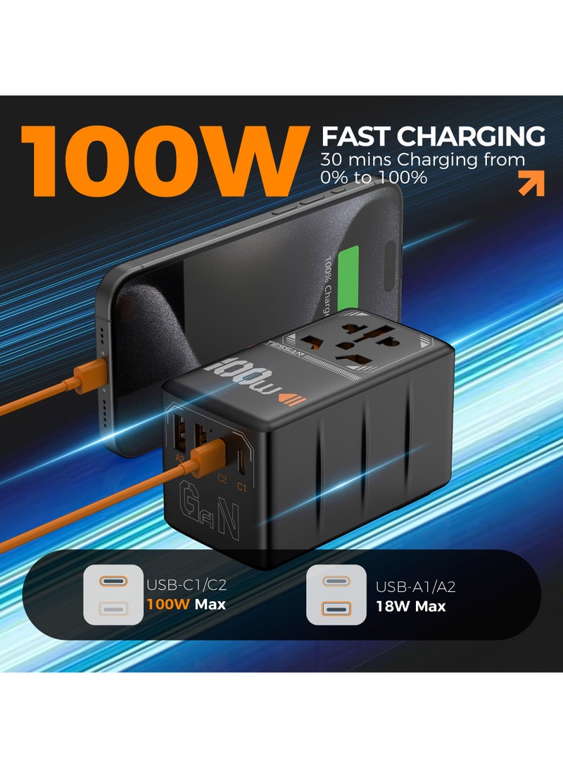 تيسان محول سفر عالمي، شاحن سريع بمقبس دولي من GaN بقوة 100 وات مع منفذي شحن USB C و2 منفذ شحن USB A، منفذ طاقة عالمي من الولايات المتحدة إلى أوروبا والاتحاد الأوروبي والمملكة المتحدة وأستراليا وأيرلندا (النوع C/G/A/I) شاحن حائط محول طاقة دولي من TESSAN 5 في 1 متعدد الاستخدامات للسفر والمنزل والمكتب، أسود - Image 3