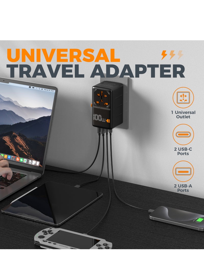 تيسان محول سفر عالمي، شاحن سريع بمقبس دولي من GaN بقوة 100 وات مع منفذي شحن USB C و2 منفذ شحن USB A، منفذ طاقة عالمي من الولايات المتحدة إلى أوروبا والاتحاد الأوروبي والمملكة المتحدة وأستراليا وأيرلندا (النوع C/G/A/I) شاحن حائط محول طاقة دولي من TESSAN 5 في 1 متعدد الاستخدامات للسفر والمنزل والمكتب، أسود - Image 4