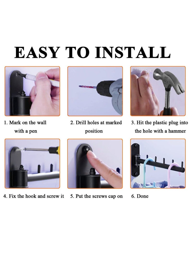 Wall Mounted Clothes Hanger Rack, Stainless Steel Garment Hooks with Swing Arm Holder, Space Saver Clothing and Closet Rod Storage Organizer for Laundry Room Bedrooms Bathrooms (Black) - Image 3