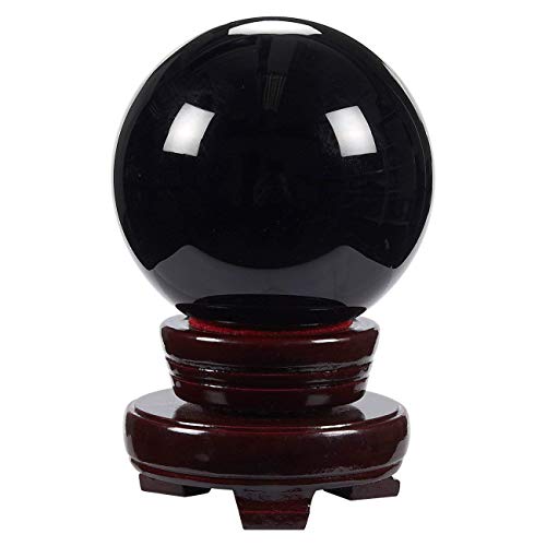 Juvale Obsidian Crystal Ball - 3.1-Inch Black Crystal Sphere with Wooden Stand - Polished Obsidian Stone Ball Decor & Scrying Orb for Meditation & Feng Shui Home Decor - Image 1