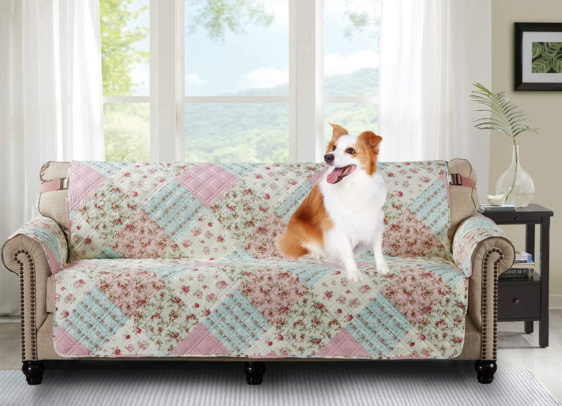 Brilliant Sunshine Brilliant Sunshine Roses Couch Slip Cover Patchwork Design Quilted Slipcover with 2 Strap 78 Seat Slip Resistant Cushion Protector Washable Sofa Covers for Dogs Cats Pets Kids Pink Green