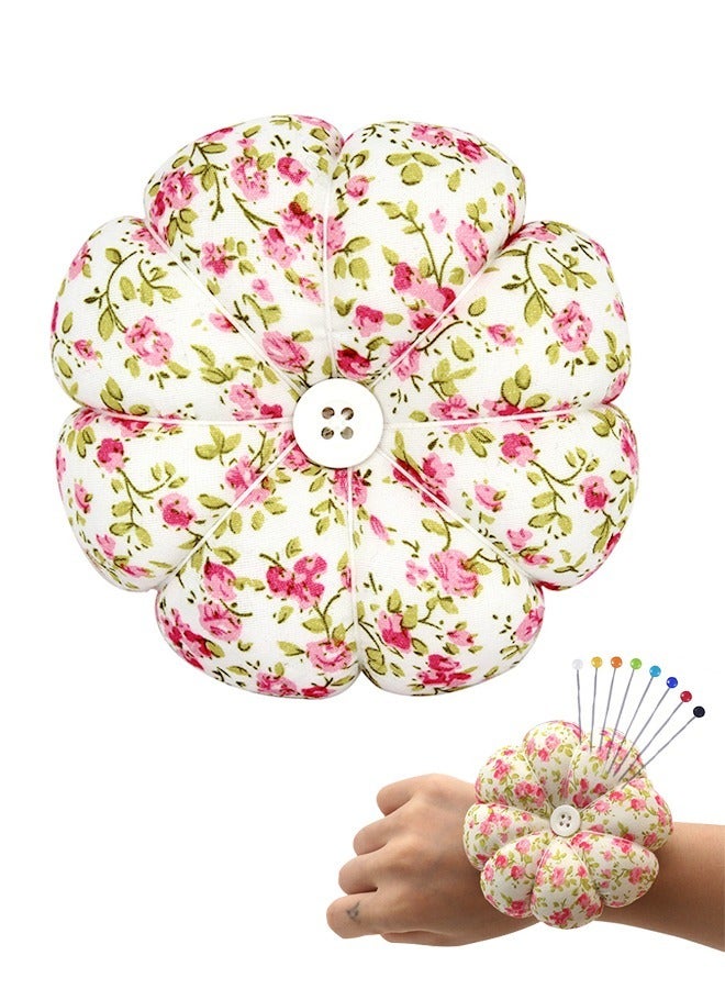 Cushion Sewing Pin, Pumpkin Shape Needle Cushion Holder Band Wearable Pincushions Pincushion with Elastic for Pins for Quilting or DIY Crafts (Pink Flower) - Image 1