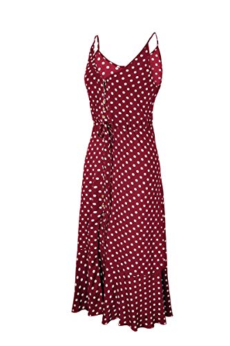 BROVAVE Women's 2025 Summer Casual Boho Sundress Polka Dot Spaghetti Strap V Neck Flowy Midi Dresses(008 Wine, Medium) - Image 4
