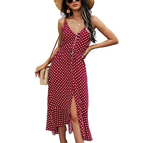 BROVAVE Women's 2025 Summer Casual Boho Sundress Polka Dot Spaghetti Strap V Neck Flowy Midi Dresses(008 Wine, Medium) - Image 1