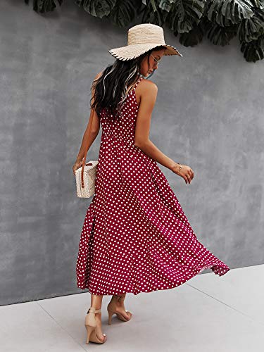 BROVAVE Women's 2025 Summer Casual Boho Sundress Polka Dot Spaghetti Strap V Neck Flowy Midi Dresses(008 Wine, Medium) - Image 3