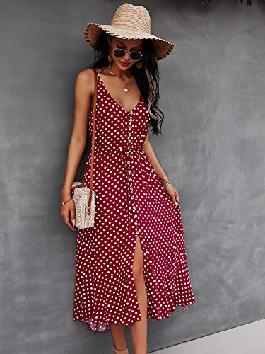 BROVAVE Women's 2025 Summer Casual Boho Sundress Polka Dot Spaghetti Strap V Neck Flowy Midi Dresses(008 Wine, Medium) - Image 2