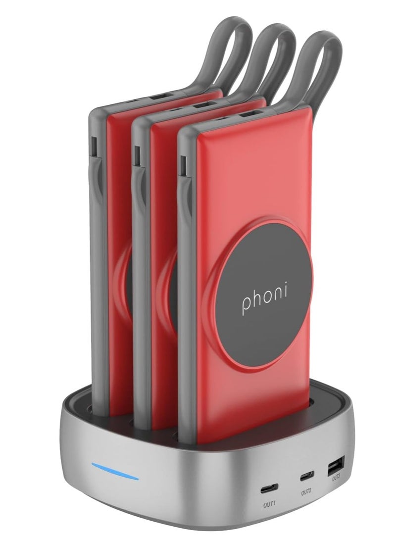 فوني Phoni 3-in-1 Magnetic Wireless Charger & 10000mAh Power Bank with Built-in USB-C, Micro USB Cables, Compatible with Lightning Devices, Apple, Samsung, Nothing, Honor & Oppo (Crimson) - Image 1