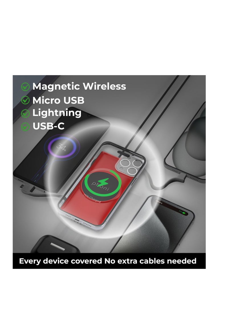 فوني Phoni 3-in-1 Magnetic Wireless Charger & 10000mAh Power Bank with Built-in USB-C, Micro USB Cables, Compatible with Lightning Devices, Apple, Samsung, Nothing, Honor & Oppo (Crimson) - Image 2